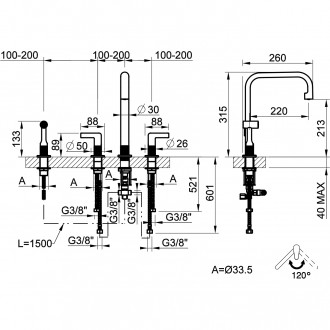 Смеситель кухонный на четыре отверстия с выдвижным душем Gessi Inciso медь PVD (58703#030)
