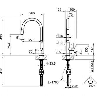 Кухонный смеситель с выдвижным изливом Gessi Mesh нержавеющая сталь с чёрным (60003#599)