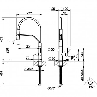 Смеситель кухонный с гибким изливом и двухструйным душем Gessi Mesh нержавеющая сталь с чёрным (60005#599)