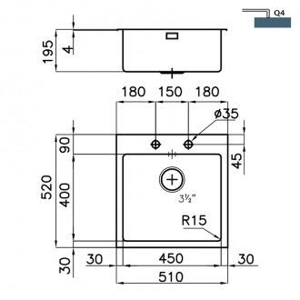 Кухонная мойка Foster KE Q4 and flush-mount 51х52 2274 050